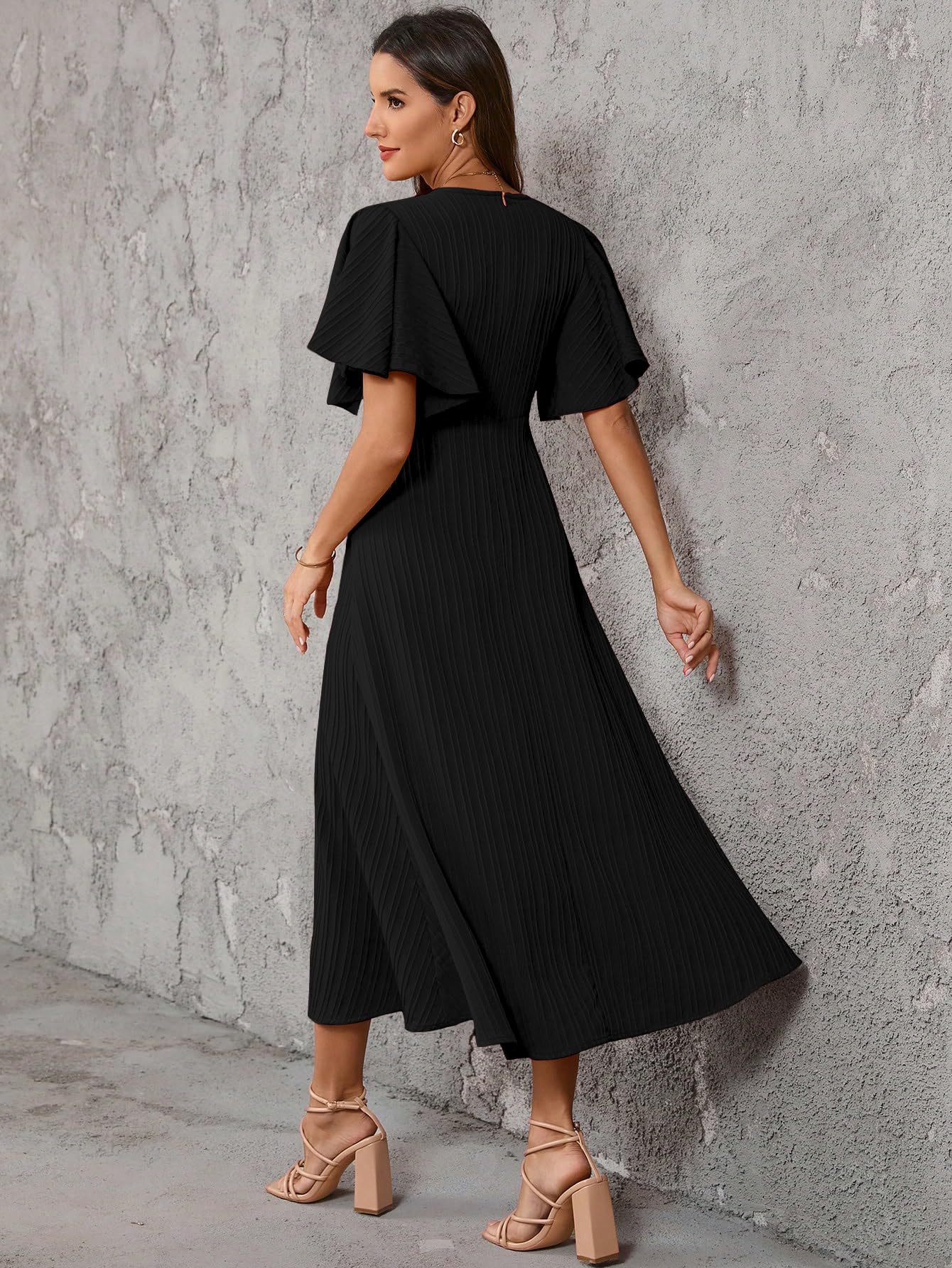 Shasmi Girls & Womens Black Pleated Midi Dress with Flutter Sleeves | V-Neck Western Dress for Women | Elegant A-Line Summer O