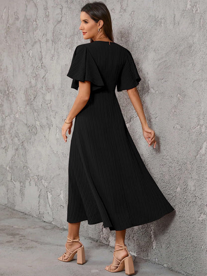Shasmi Girls & Womens Black Pleated Midi Dress with Flutter Sleeves | V-Neck Western Dress for Women | Elegant A-Line Summer O