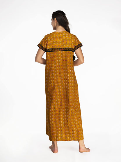 Evolove WomenS Cotton Long Maxi Night Gown Nighty Dress With Pocket, Super Soft Comfortable (Dark Mustard Black & Red, Lngco165