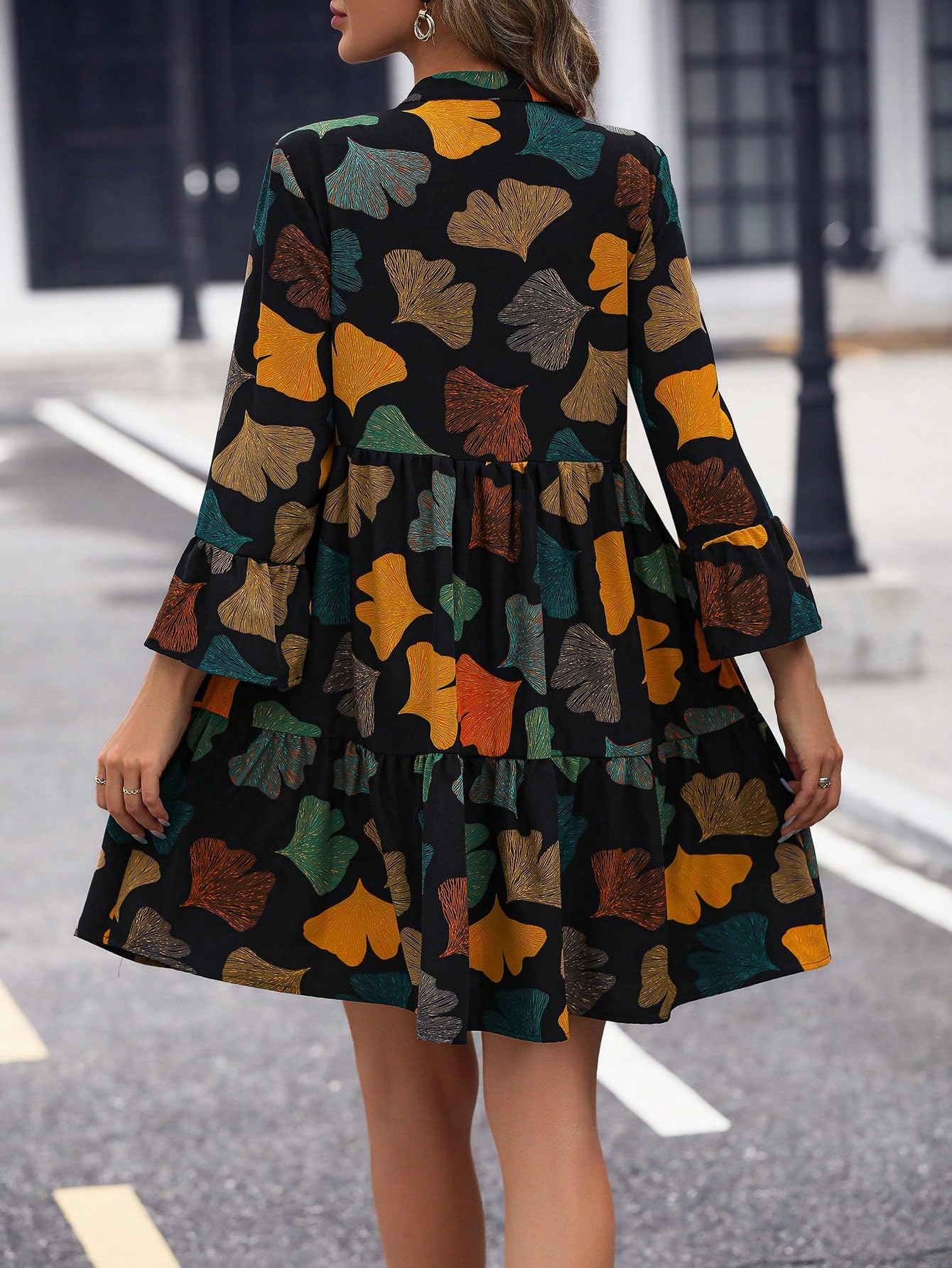 Shasmi GirlS & WomenS Black V-Neck Allover Leaf Print Ruffle Hem Smock Gathered Ruffle Long Sleeve A-Line Midi Dress Full Prin