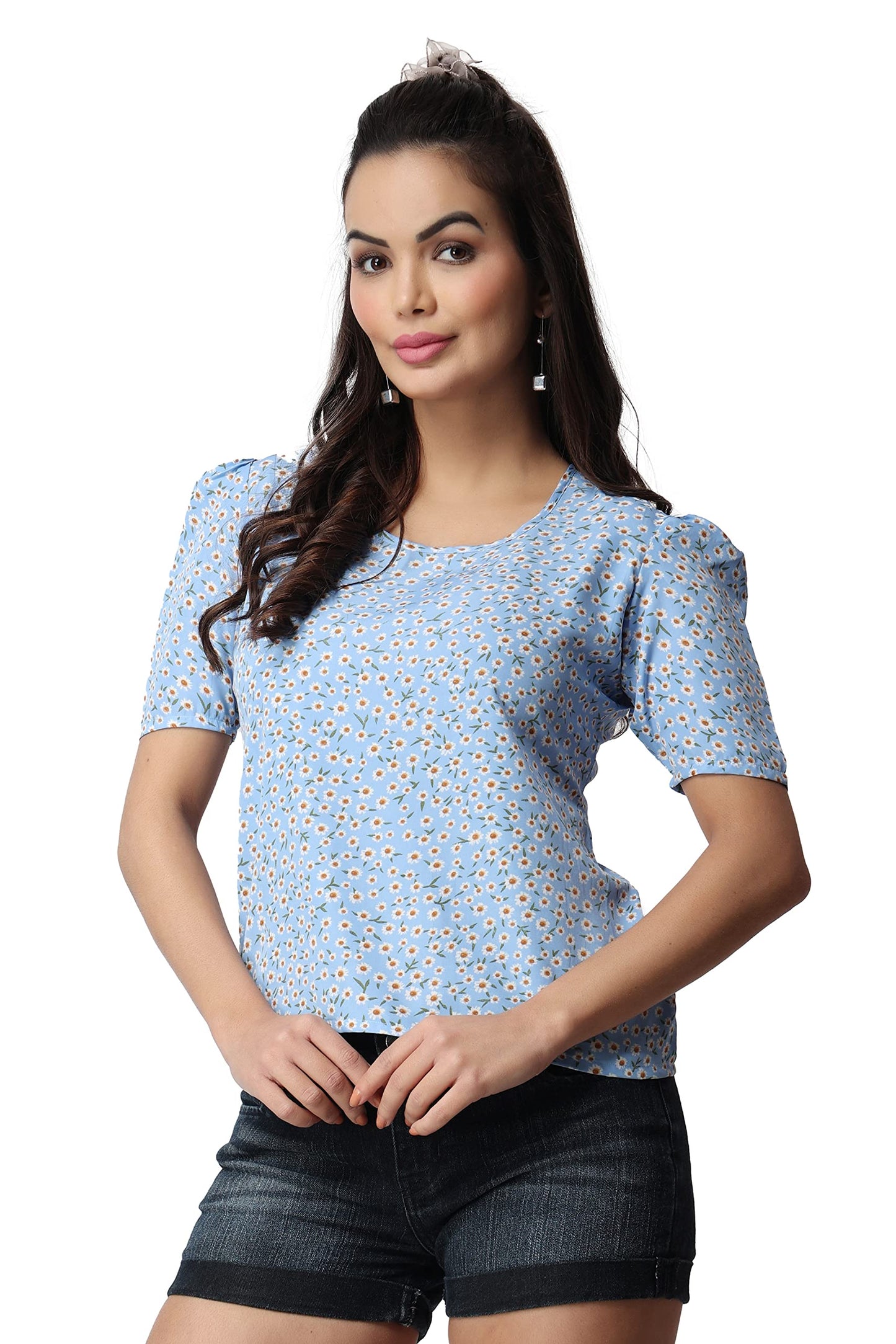 POPWINGS Casual Printed Puff Sleeves Round Neck Top for Women || Stylish Latest Summer Tops for Women || Hip-Length Women Top Li