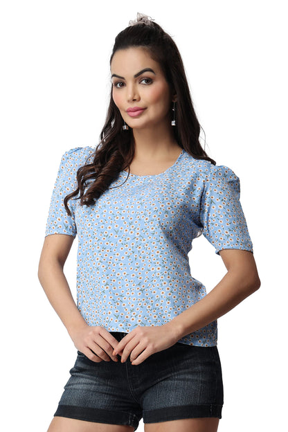POPWINGS Casual Printed Puff Sleeves Round Neck Top for Women || Stylish Latest Summer Tops for Women || Hip-Length Women Top Li