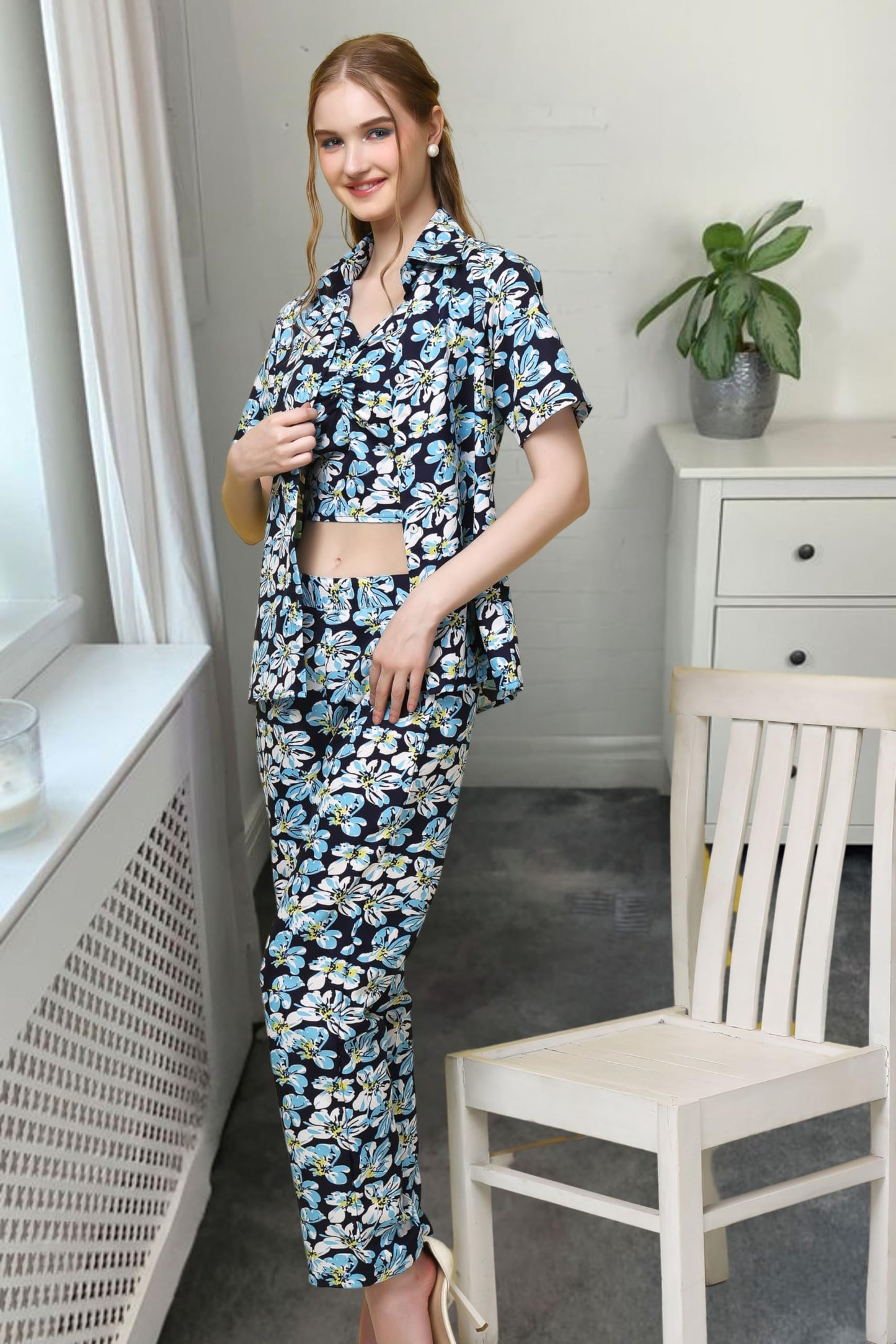 Popwings Casual Floral Printed 3-Piece Co-Ord Set For Women || Co-Ord Set For Women Western Summer Office Wear || Crop Top, Trou