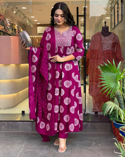 Toochki Dress for Women | Flared Dresses | Three Piece | Embroidered with Printed Work | Rayon Fabric | Dark Pink | with Pant an
