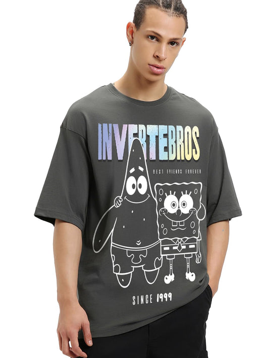 Bewakoof Official Spongebob Merchandise Mens Graphic Print Oversized Fit Half Sleeve Round Neck Cotton Jersey T-Shirt_648703_Gr