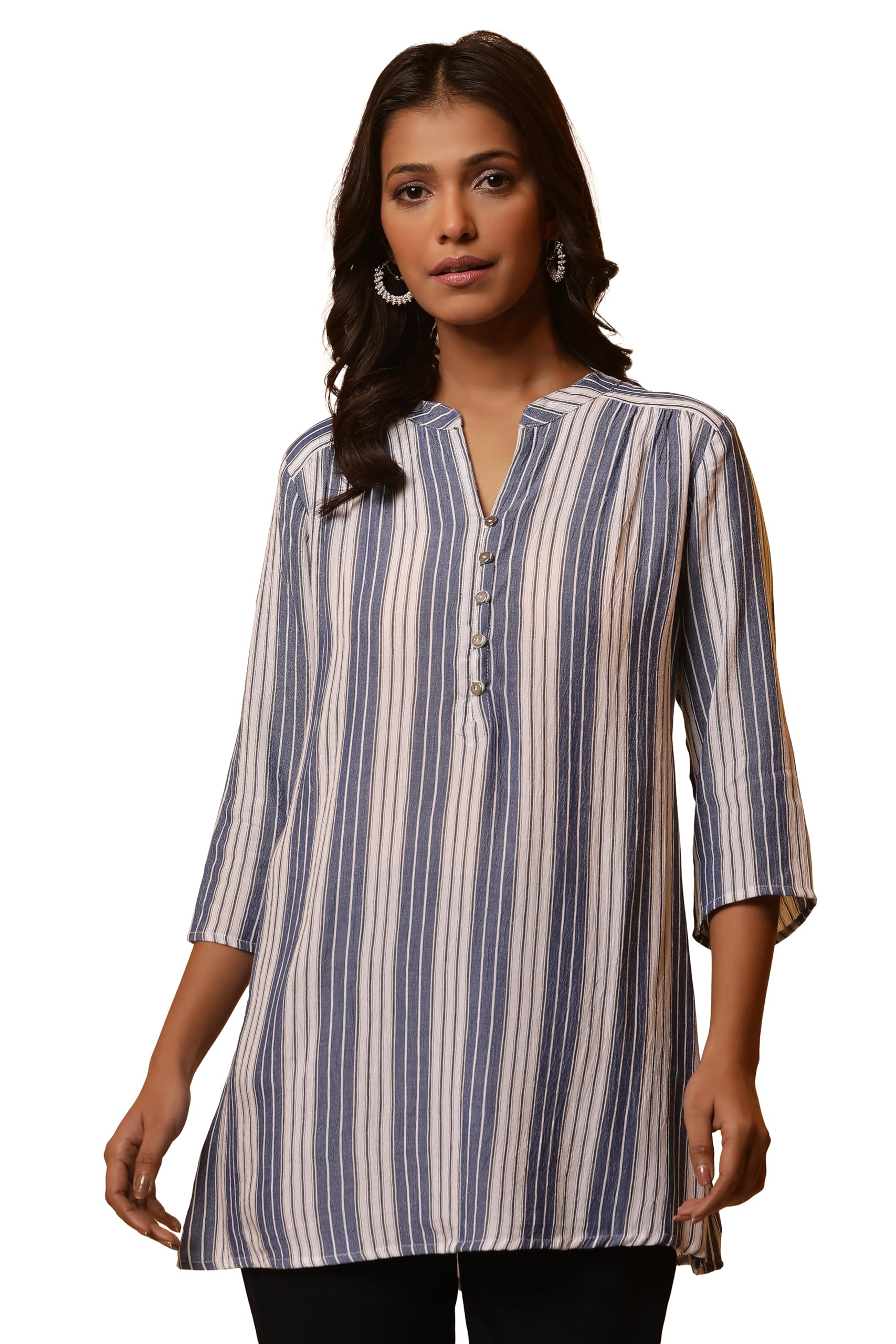 Aurelia Women Blue Striped Rayon Straight Kurti_24FEA30470_XS