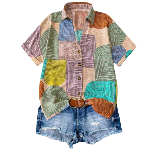 Gufrina WomenS Rayon Top With Half Sleeves Collar Neck Abstract Printed Regular Fit Western Style And Standard Length