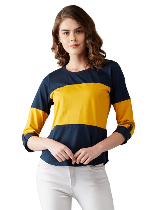 Dolce Crudo Womens Navy Blue and Mustard 100% Cotton T-Shirt(DOAW19TS50-07-211-04,Navy Blue and Mustard,Medium)