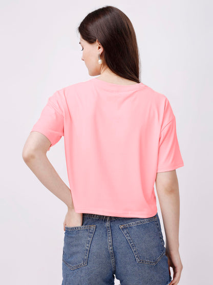ELLITI Soft Rich Cotton Peach Half Sleeve | Round Neck | Oversized/Loose Fit | Down Solder | US Flage Print Crop Top for Women (