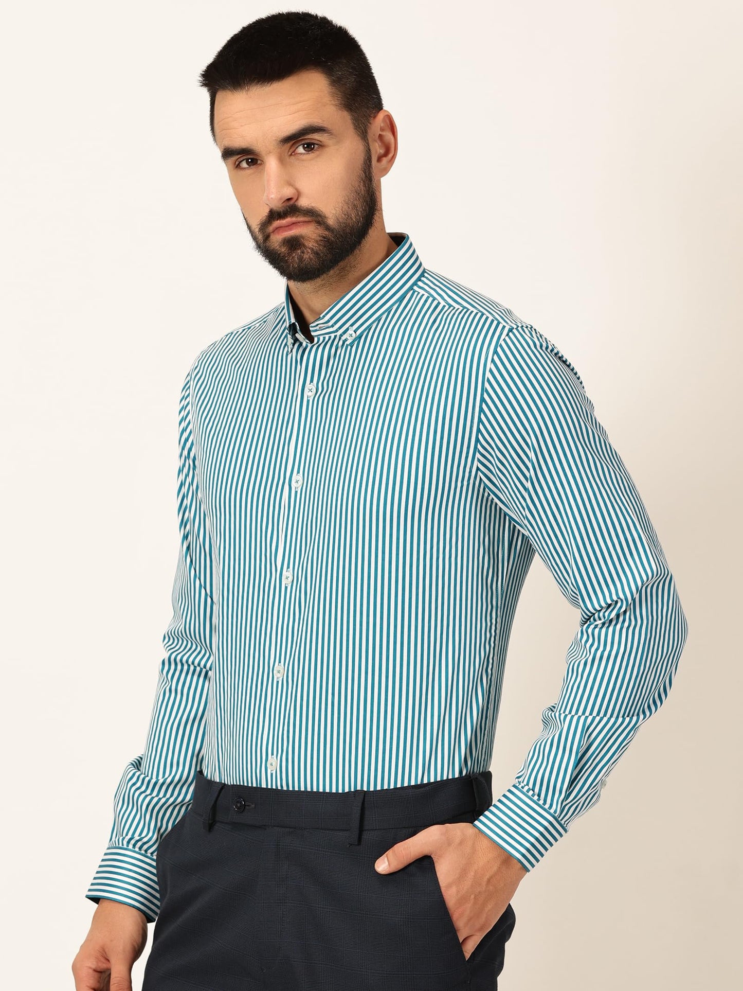 Thomas Scott 100% Cotton Full Sleeves Button-Down Collar Slim Fit Formal Shirt for Mens Turquoise