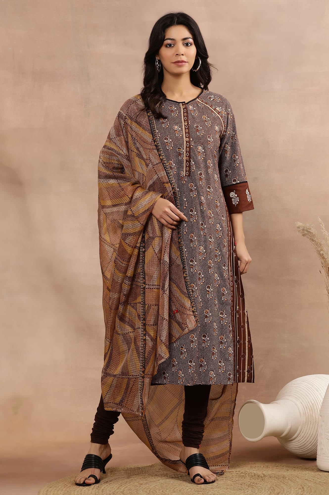 W for Woman W Women Brown Printed Viscose A-Line Kurta set with Churidar & Dupatta