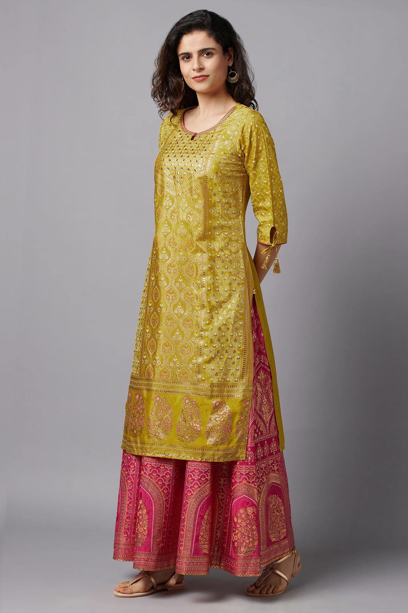 Aurelia Yellow Foil Hand Work Regular Kurta