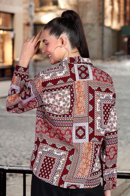POPWINGS Women Casual Floral Printed Shirt for Women|| Spread Collar Full Sleeves Women Shirt for Summer, Regular Fit, Red