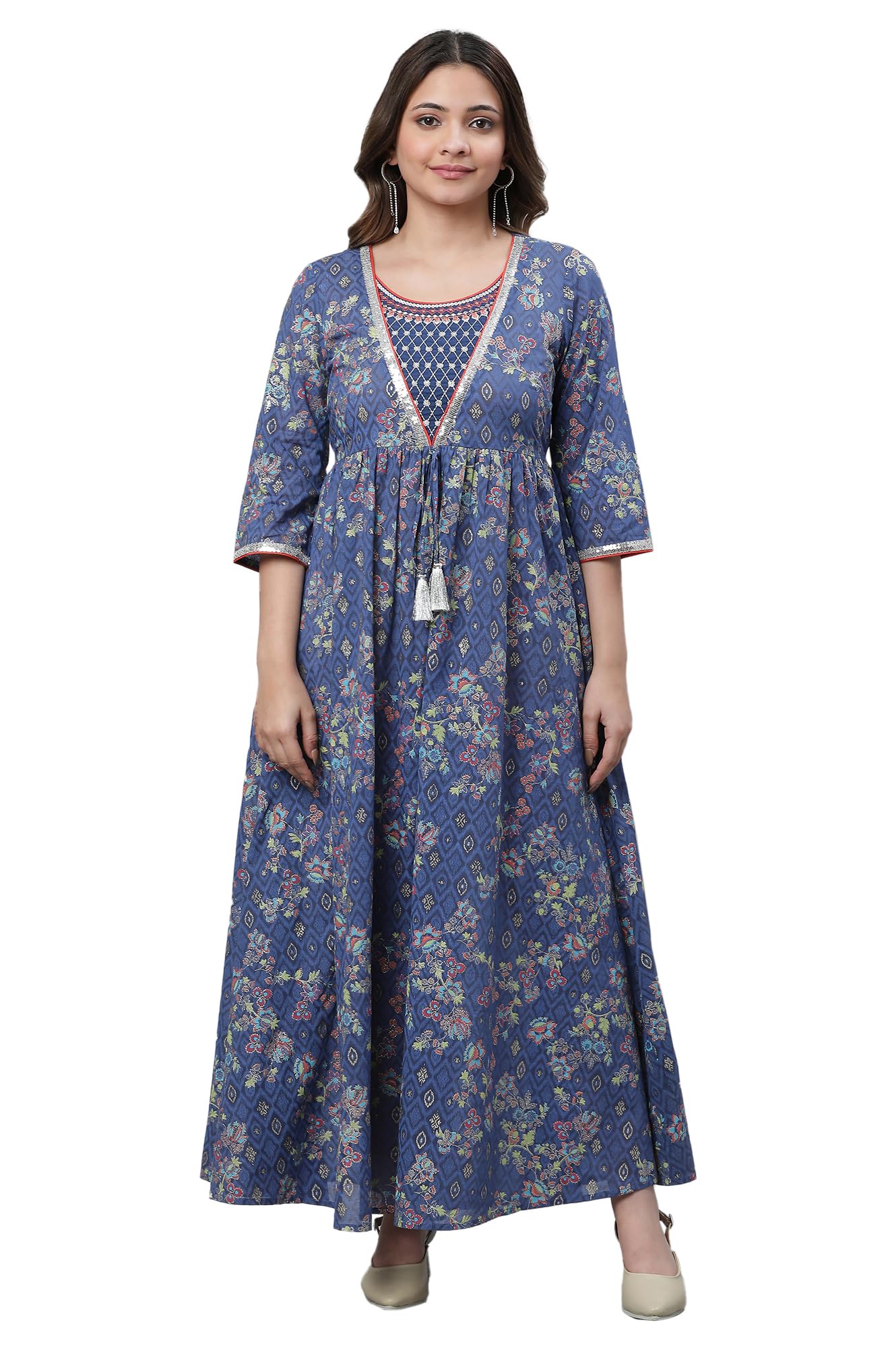 Aurelia Blue Floral Printed Printed Cotton Embroidered Regular Kurta