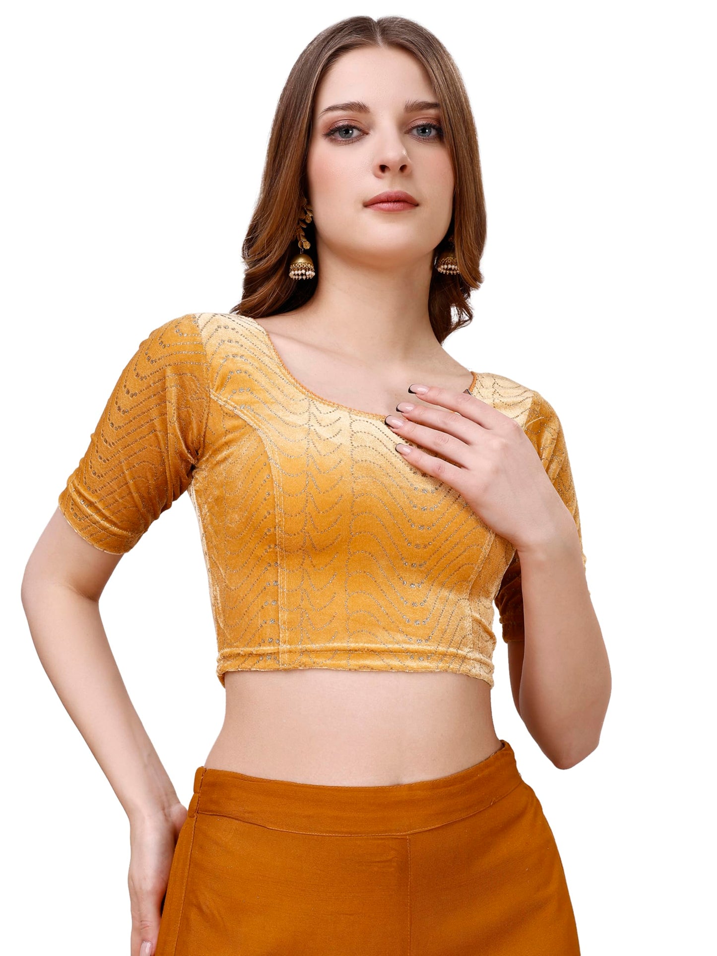 Vihu Fashion WomenS Readymade Hosiery Velvet Lycra Stretchable Round Neck Half Sleeve Blouse With Jari Work Fancy Gold Color Ly