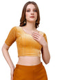 Vihu Fashion WomenS Readymade Hosiery Velvet Lycra Stretchable Round Neck Half Sleeve Blouse With Jari Work Fancy Gold Color Ly