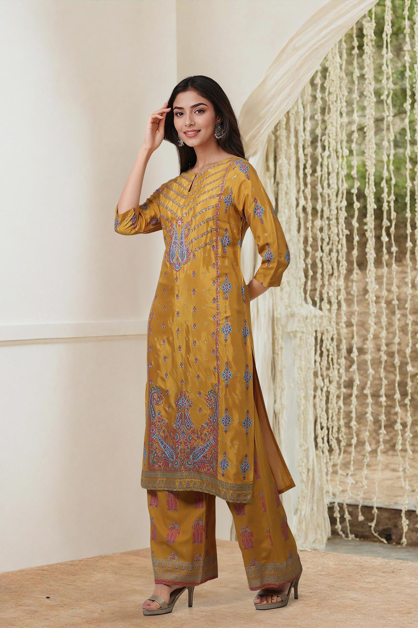W For Woman Glitter Printed Shantung Straight Kurta And Pants Set
