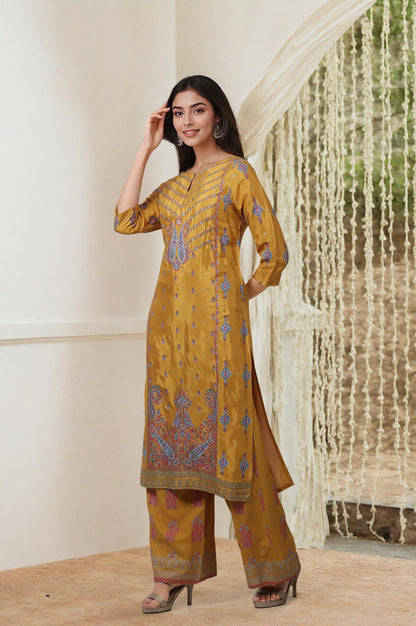 W For Woman Glitter Printed Shantung Straight Kurta And Pants Set