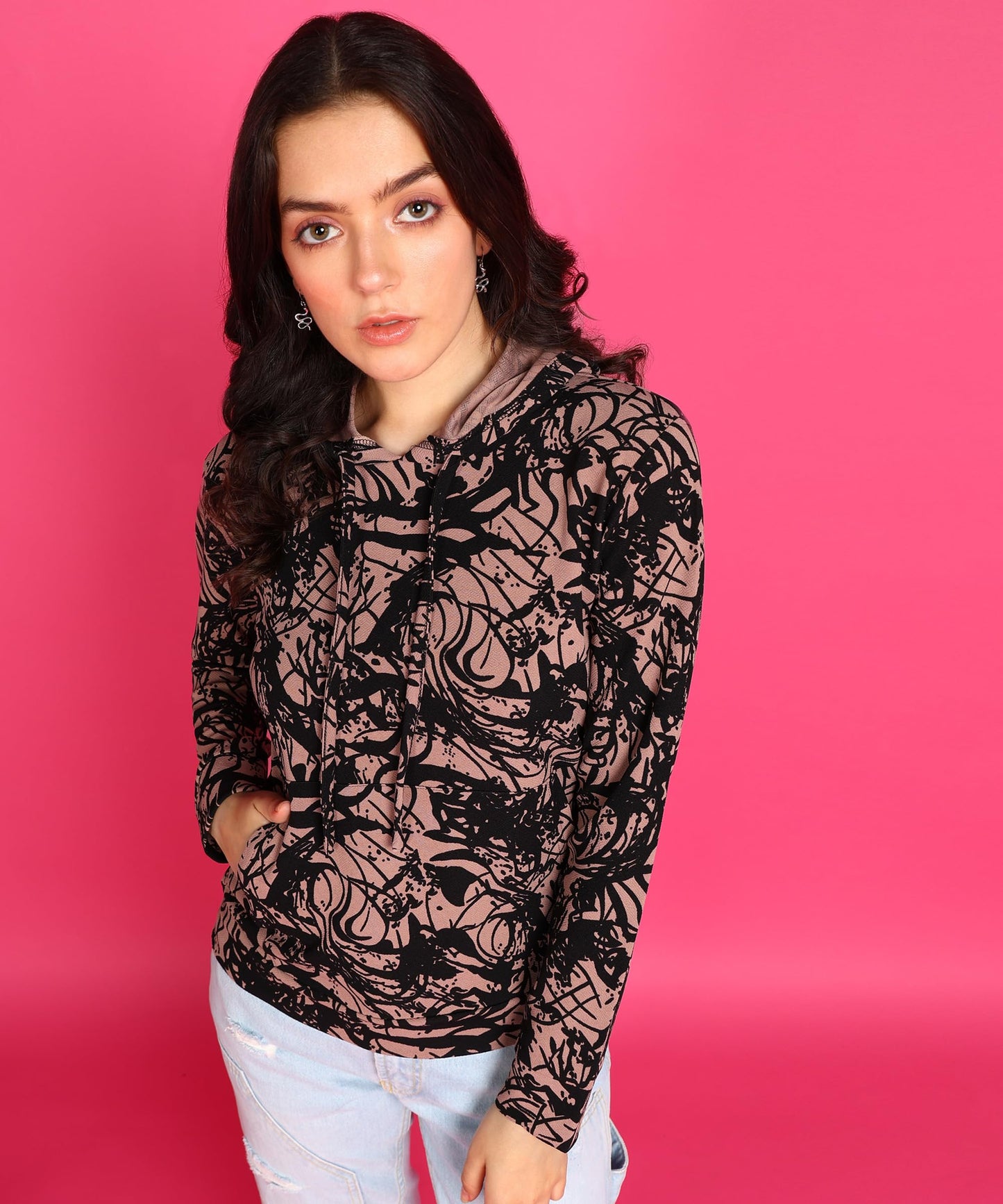 POPWINGS Women Casual Chocolate Brown Printed Hooded Sweatshirt With Pocket | Winter Wear | Trendy Sweatshirts