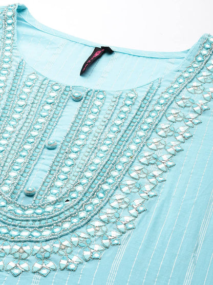 ishin Women Blue Ethnic Motifs Embroidered Mirror Work Pure Cotton Kurta with Sharara & With Dupatta
