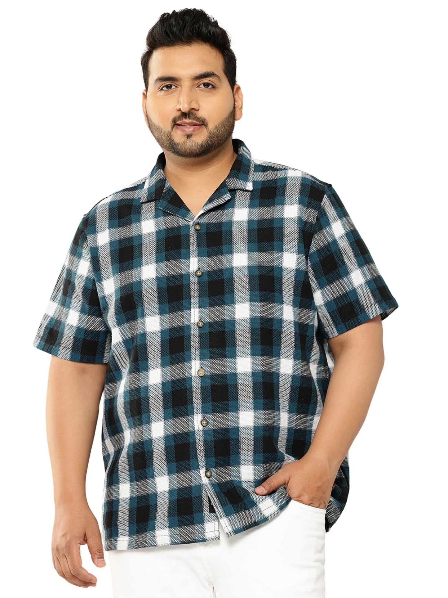 Thomas Scott Men | Short Sleeves | Regular Fit Plus Size | Windowpane Checks | 100% Cotton | Cuban Collar | Casual Shirt(TS1729_