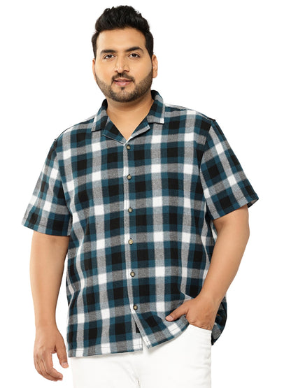 Thomas Scott Men | Short Sleeves | Regular Fit Plus Size | Windowpane Checks | 100% Cotton | Cuban Collar | Casual Shirt(TS1729_
