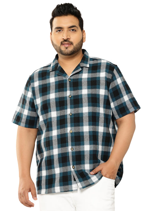 Thomas Scott Men | Short Sleeves | Regular Fit Plus Size | Windowpane Checks | 100% Cotton | Cuban Collar | Casual Shirt(TS1729_