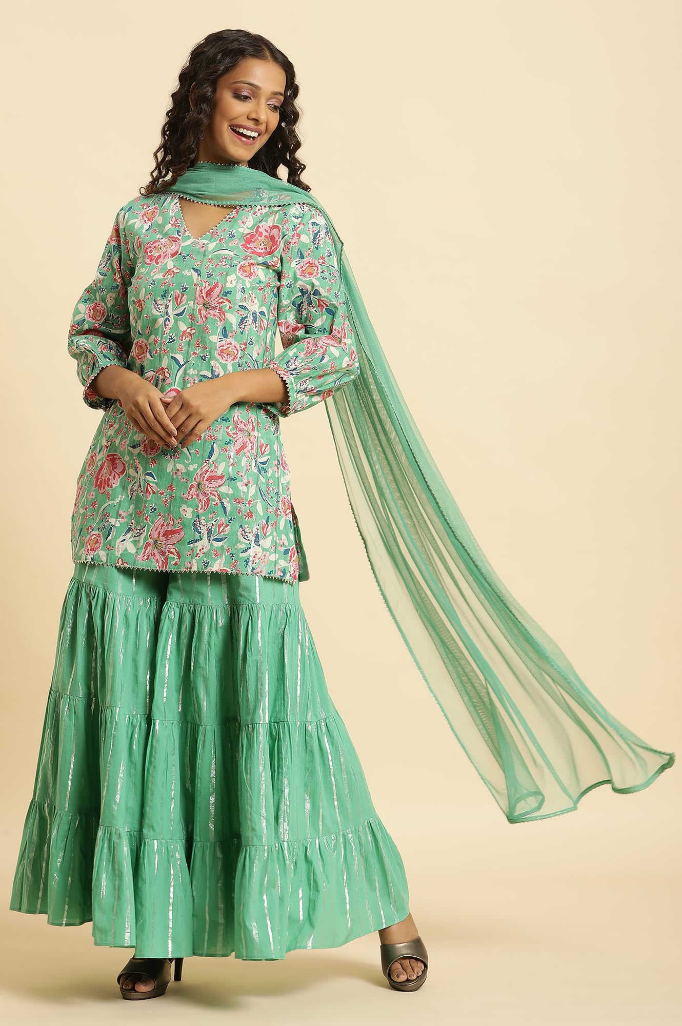 W Womens Green Floral Printed Cotton Kurta Dupatta Bottomwear with Mirror Work