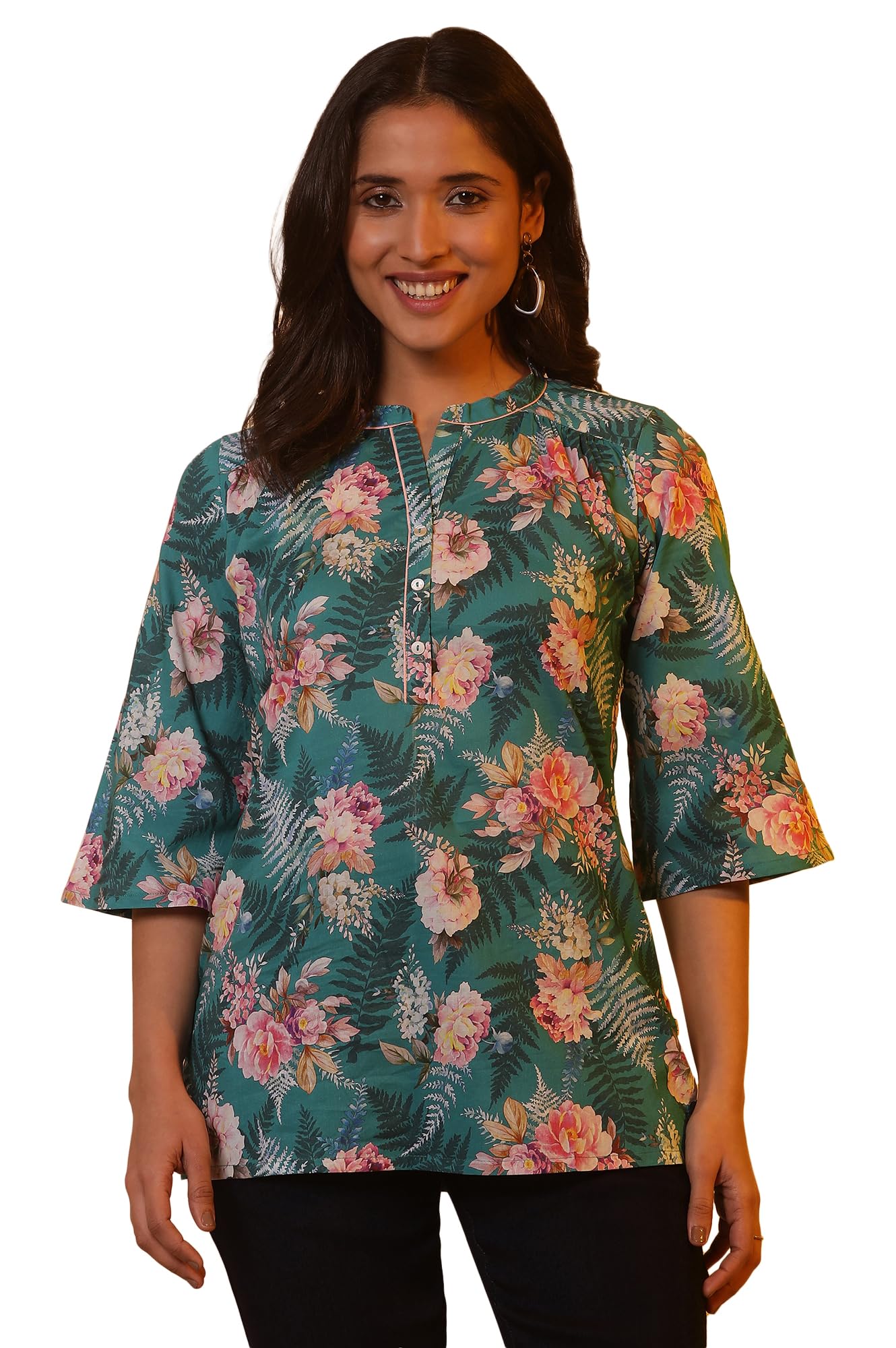 Aurelia Women Green Floral Print Cotton Straight Kurti_24FEA30438_2XL