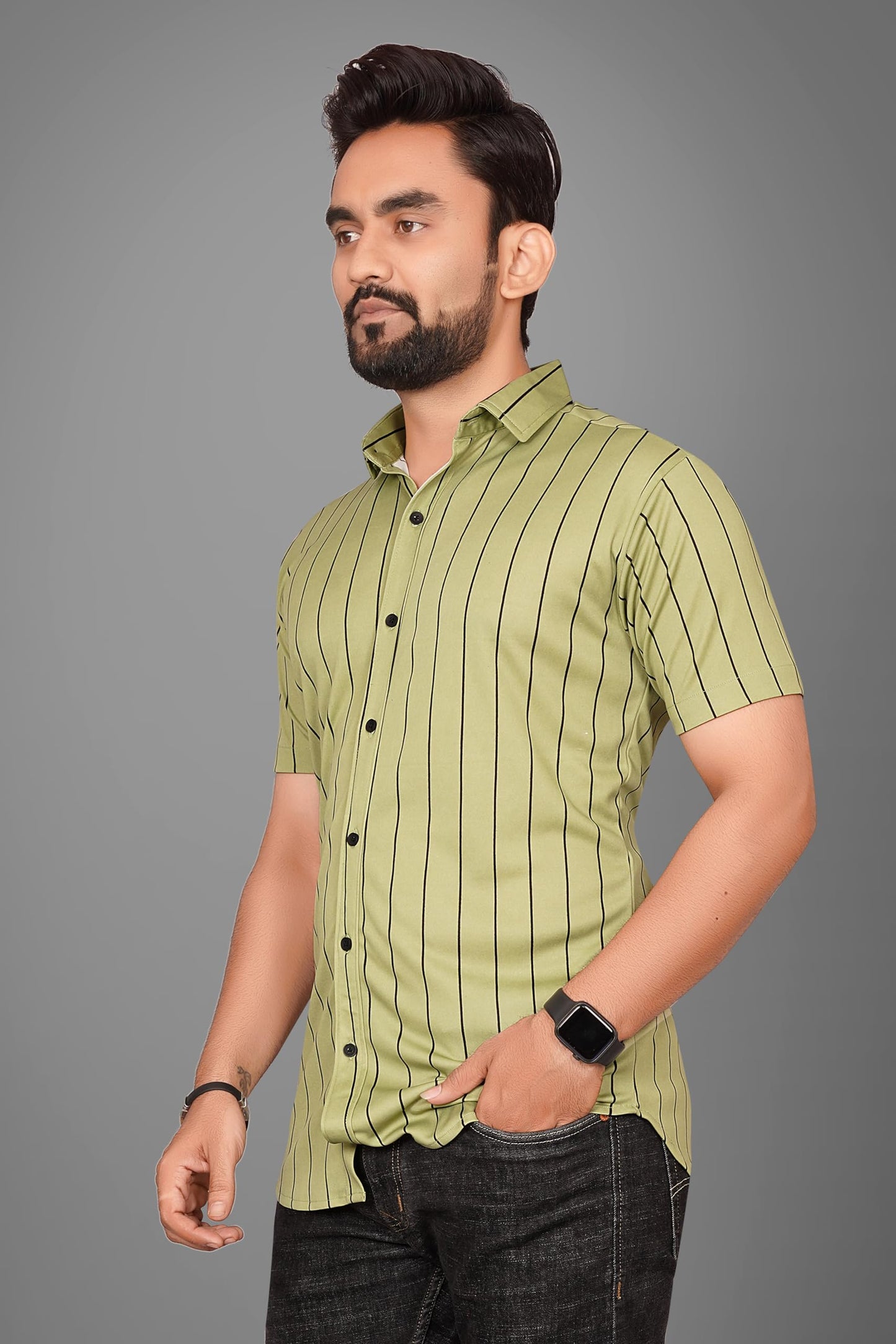 Besix MenS Green Lycra Blend Striped Regular Fit Casual Shirt For Man - Short Sleeve, Spread Collar For Formal Stylish Wear As