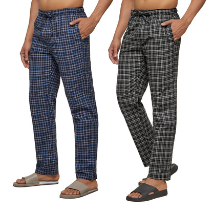 XYXX Mens Super Combed Cotton Checkered Checkmate Pyjamas [Pack of 2] Elasticated Waist, Drawstring | Loungewear for Men in Bla