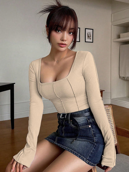 Sugathari Womens Skin Solid Long Sleeve Wrap-Style Square Split Crew Neck Bodycon Women T-Shirt Spring and Summer Top, Minimali