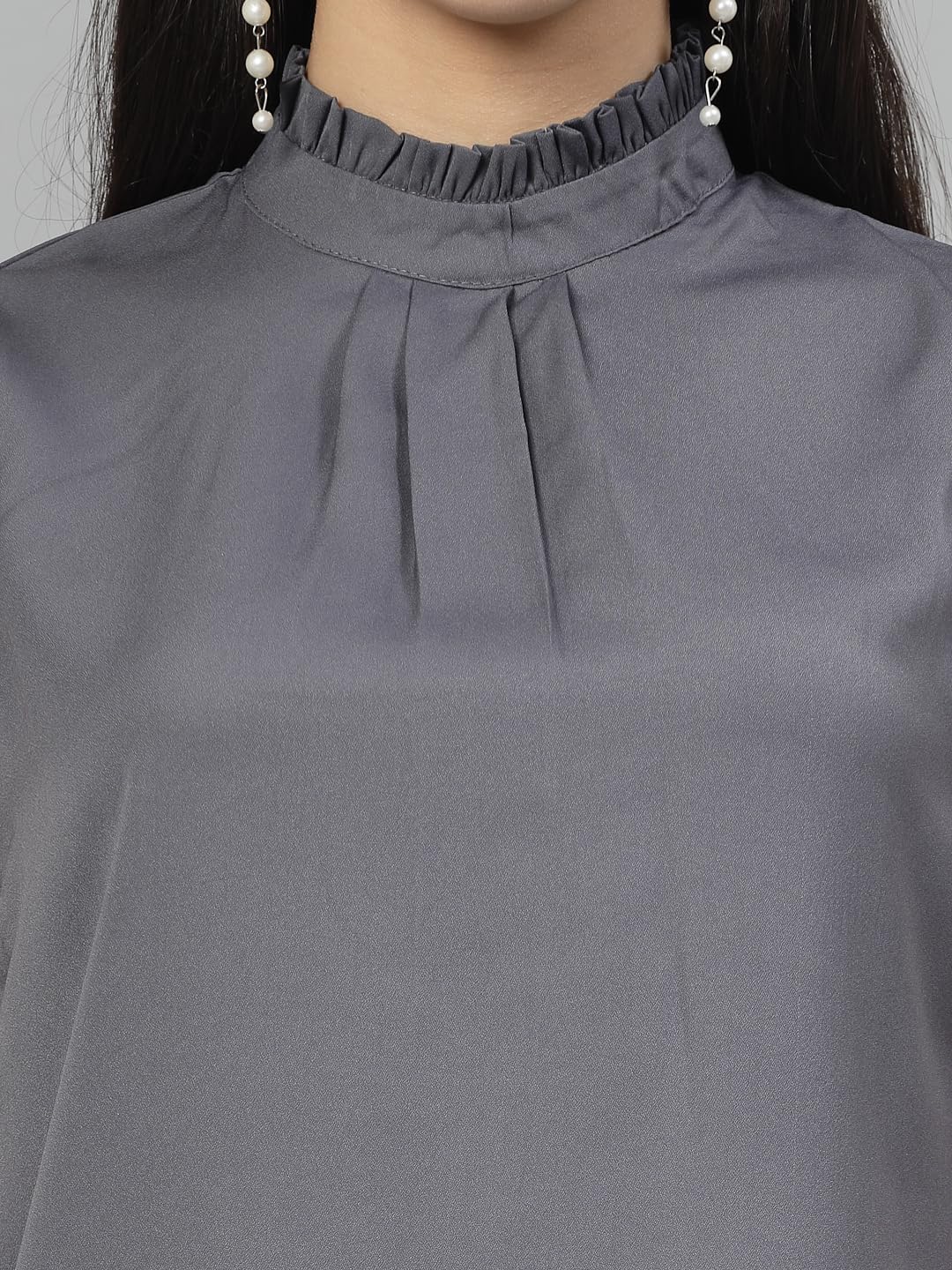 Style Quotient Women Solid Grey Polycrepe Smart Casual Top