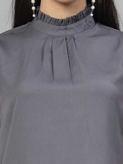 Style Quotient Women Solid Grey Polycrepe Smart Casual Top