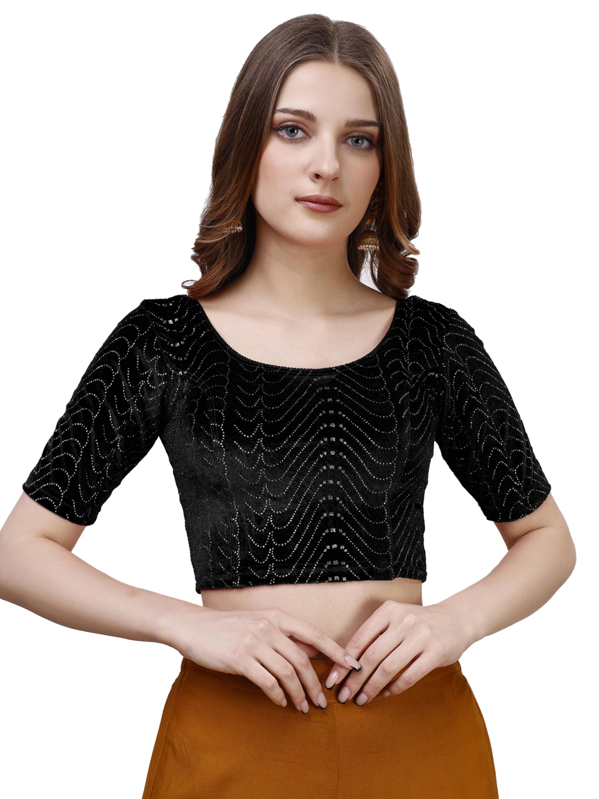 Pujia Mills Womens Readymade Hosiery Velvet Lycra Stretchable Round Neck Half Sleeve Blouse with jari Work Fancy Black Color Ly