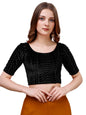 Vihu Fashion WomenS Readymade Hosiery Velvet Lycra Stretchable Round Neck Half Sleeve Blouse With Jari Work Fancy Black Color L