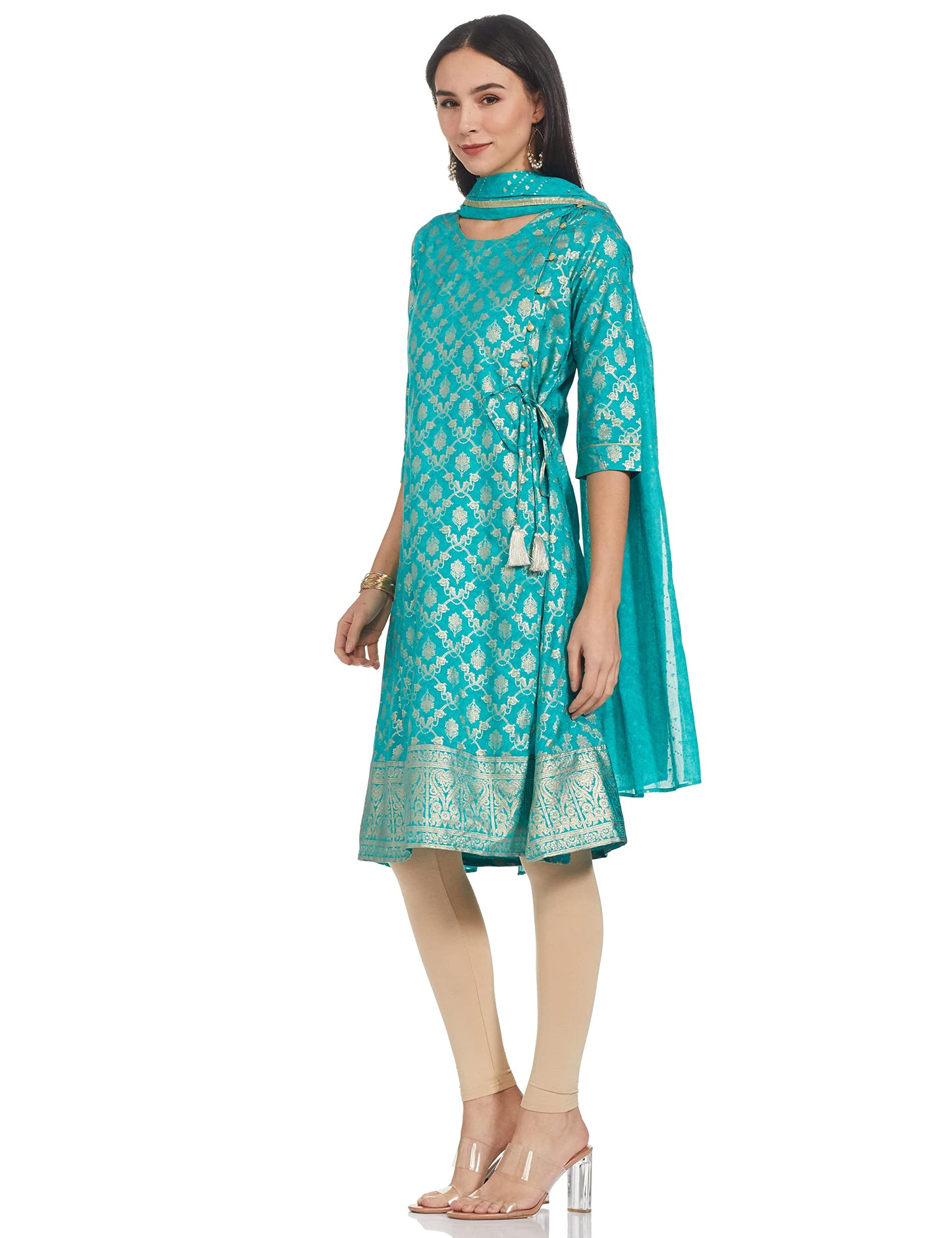 Aurelia Women's Viscose Teal Green Geometric Round Neck A-Line Kurta Set