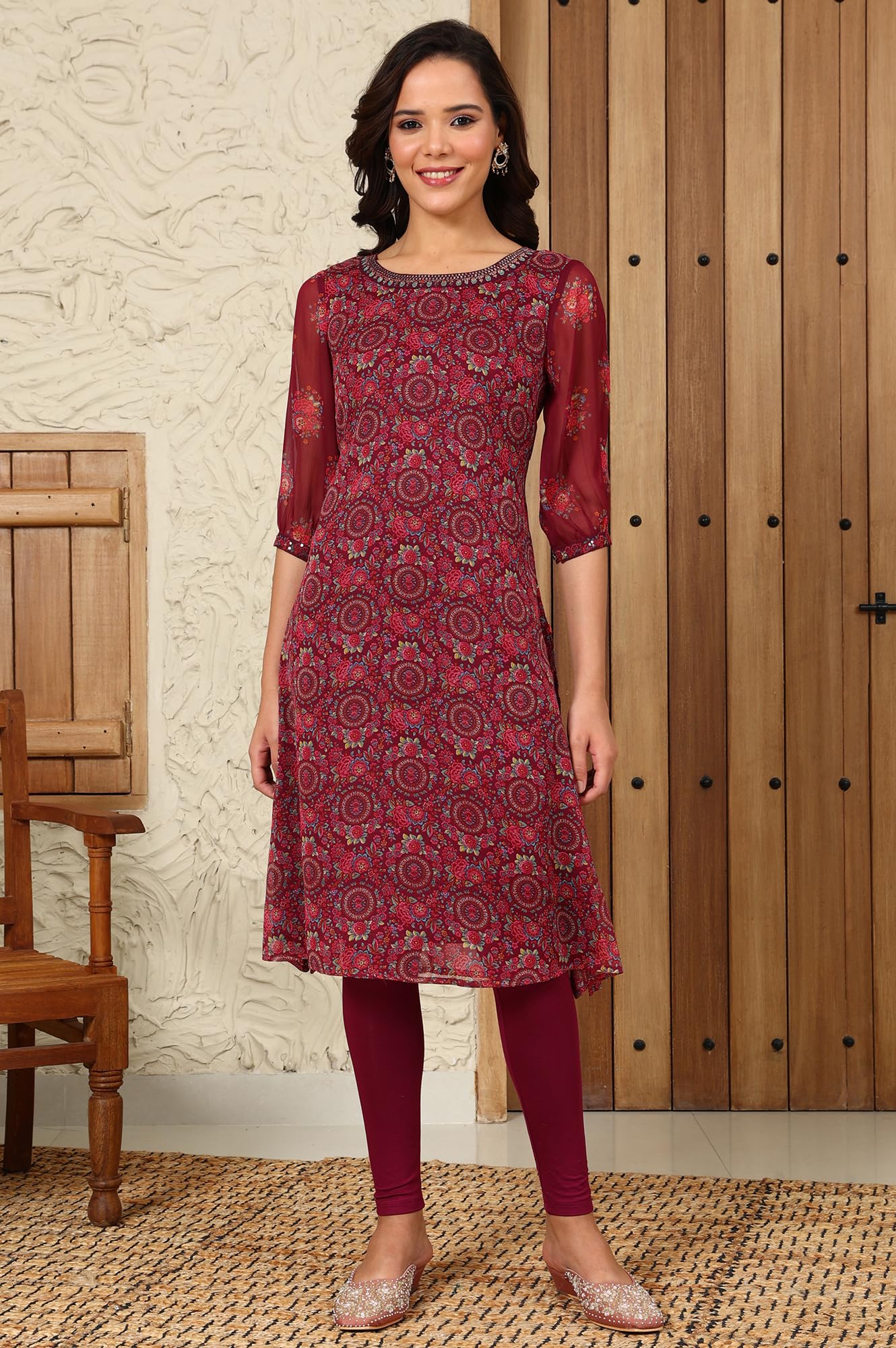 Wine Floral Printed Dori Embroidered Chiffon Kurta with Attached Lining