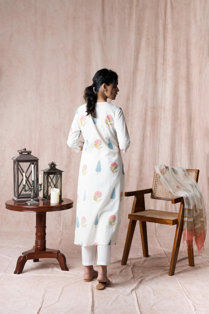 GoSriKi Women's Cotton Blended Straight Kurta Set, Size 48, White, Includes Pants and Dupatta, Model Nairiti White-GS