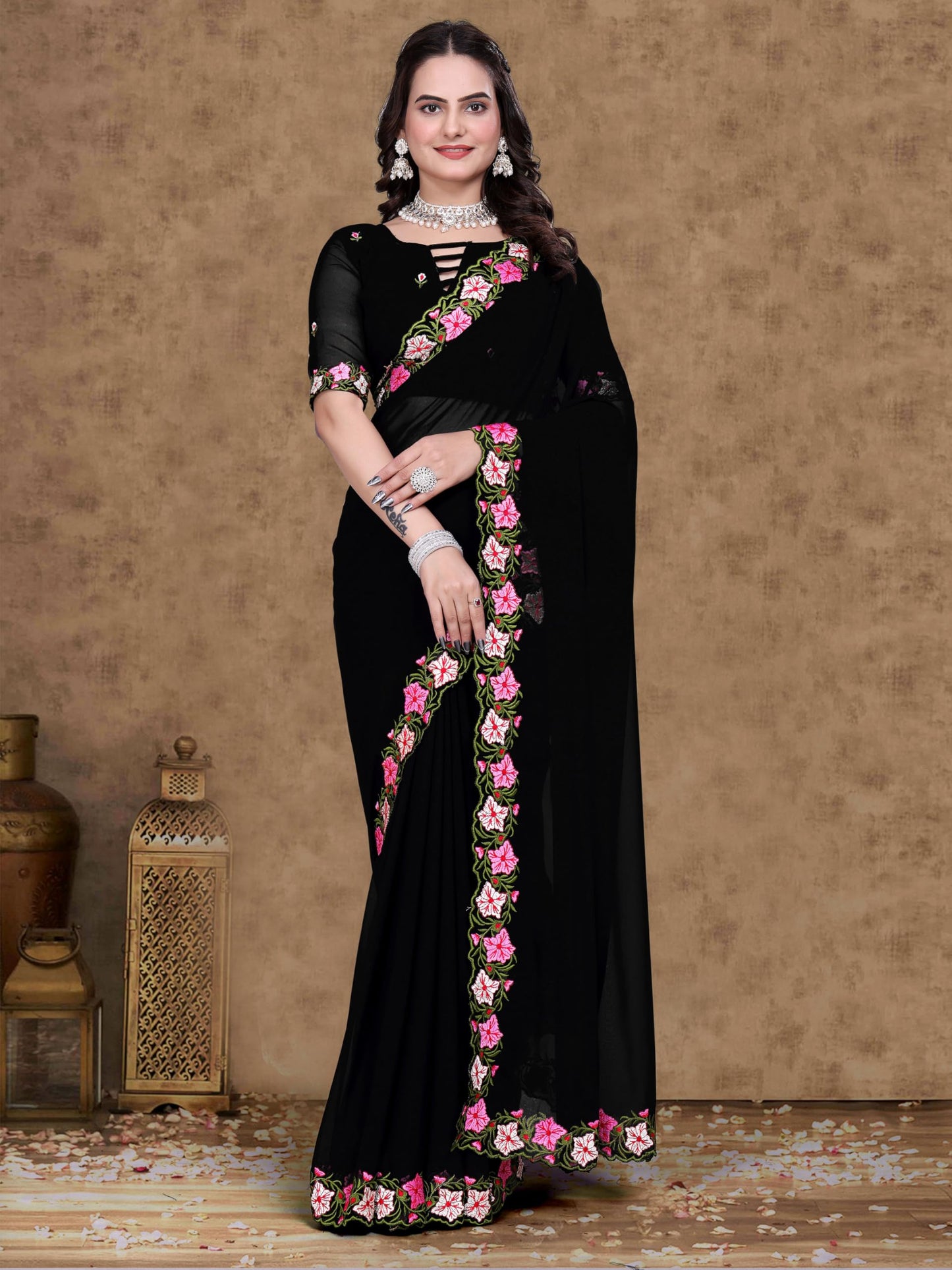 Suketa WomenS Soft Georgette Saree With Floral Printed Border Unstitched Blouse Piece Solid Pattern | Saree For Woman Daily Wear