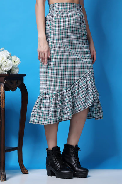 POPWINGS Casual Check Print Long Flare Skirt for Women | Cotton Skirt for Women Skirt for Women Green