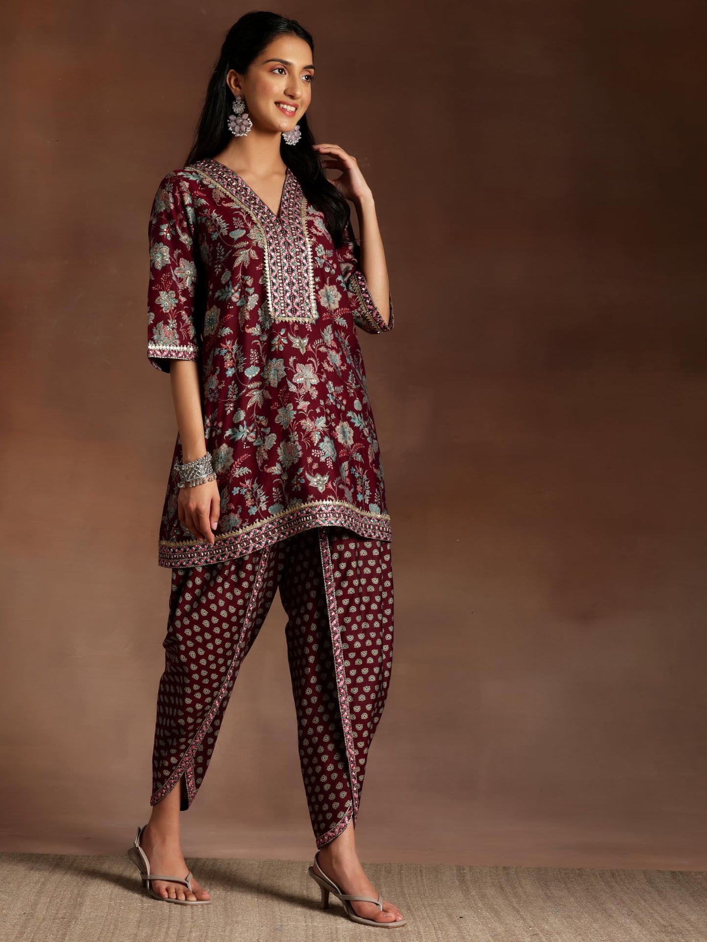 Libas Womens Printed Silk Blend Straight Kurta With Dhoti Pant And Dupatta
