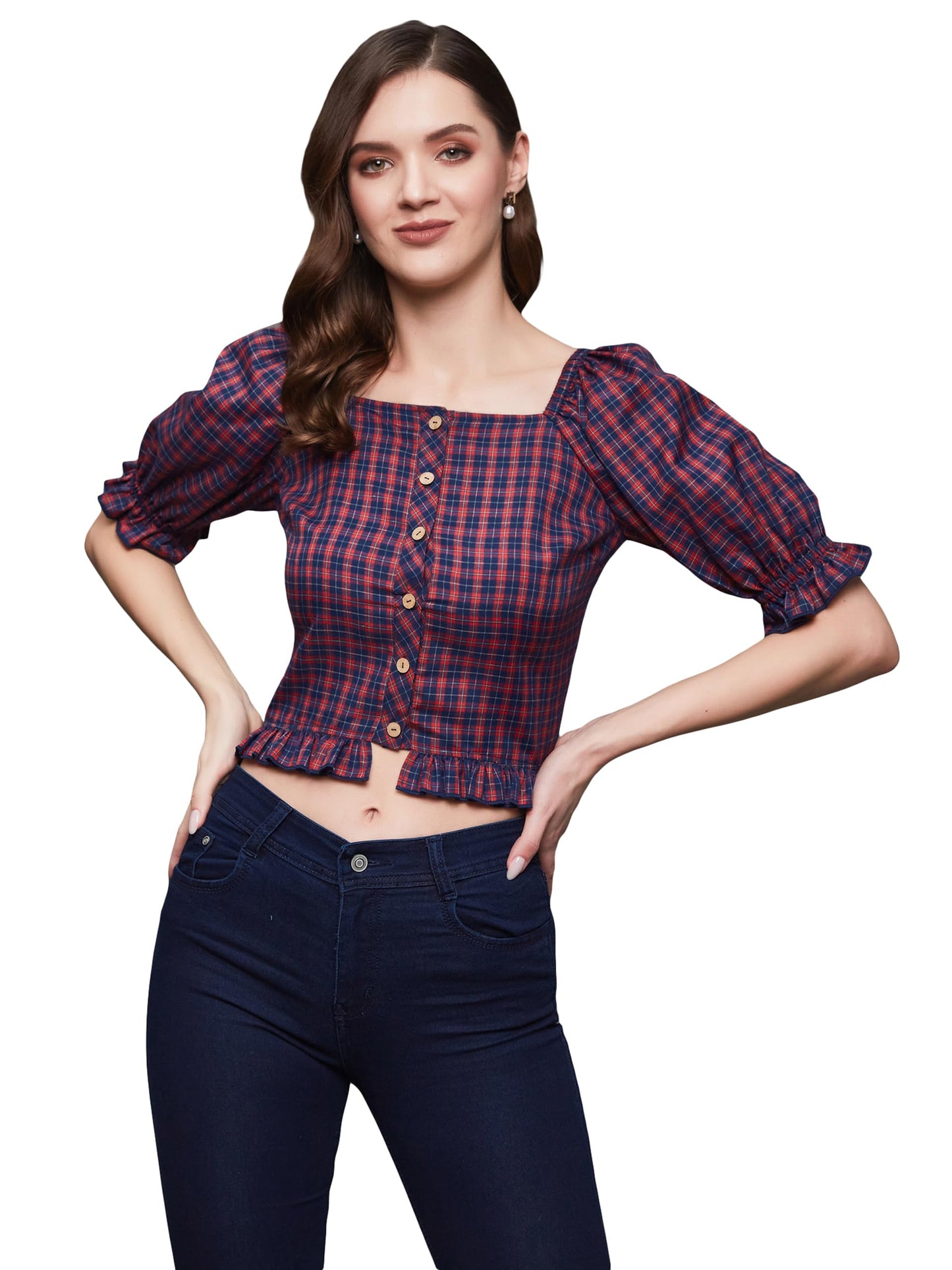 Miss Chase WomenS Checkered Square Neck Puff Sleeves Polyester Ruffled Short Top(Mcss23Tp14-28-116-05, Red And Blue, L)