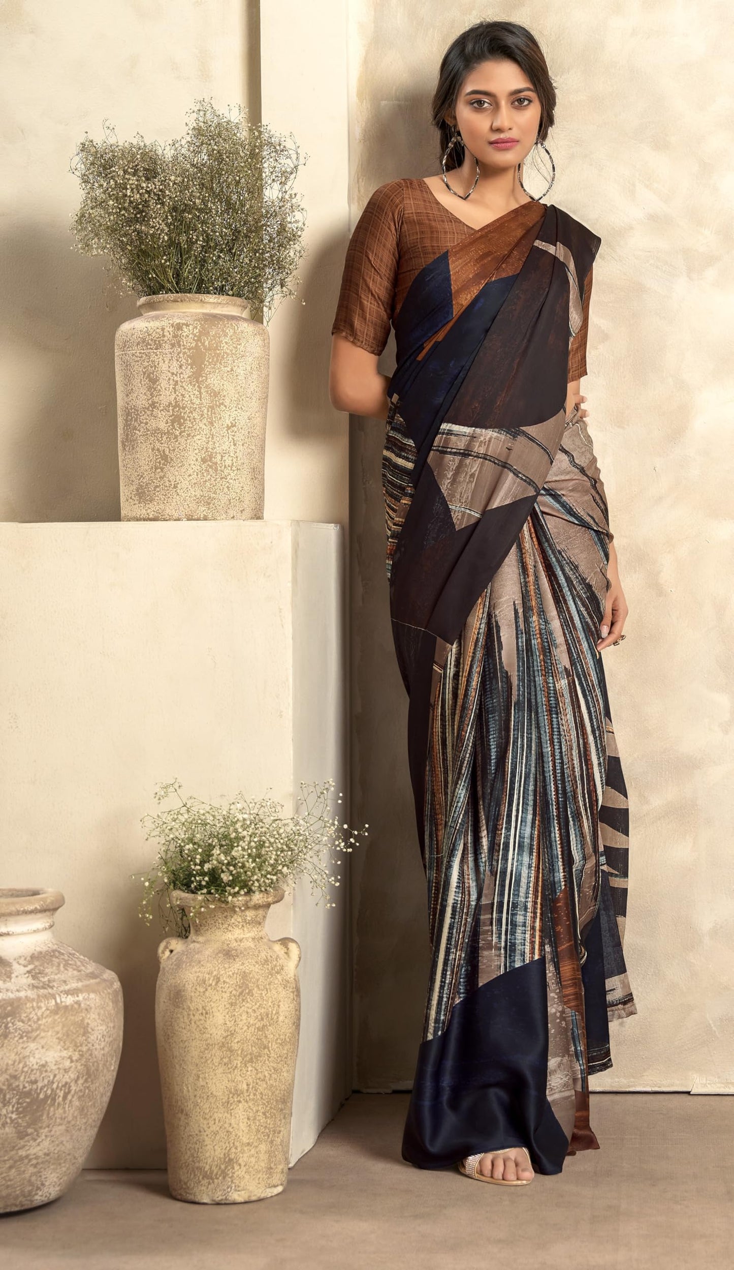 Pujia Mills Woman Digital Print Satin Silk Sadi Indian Ethnic Wear Printed Saree With Unstitch Blouse Regular Print Sadi Simple