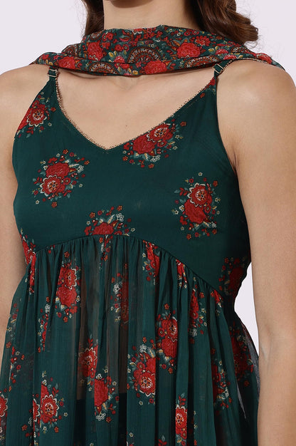 W Green Floral Printed A-line Kurta, Straight Pant & Dupatta for Women