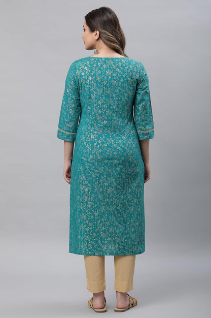 Aurelia Green Foil Pattern Cotton Straight Long Kurta