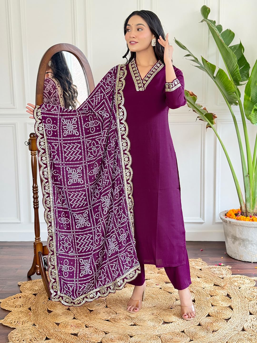 Naixa Womens Maroon Viscose Silk Embroidered Straight Kurta with Viscose Silk Pant and Chinon Printed Dupatta Sets (NX-586-Maro