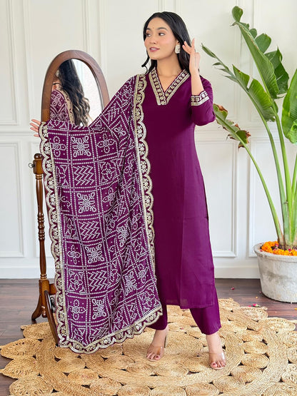 Naixa Womens Maroon Viscose Silk Embroidered Straight Kurta with Viscose Silk Pant and Chinon Printed Dupatta Sets (NX-586-Maro