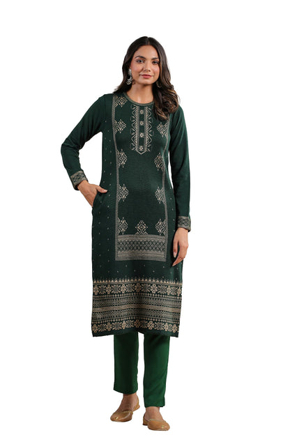 Ishin WomenS Green Jacquard Style Geometric Pattern Straight Winterwear Kurta
