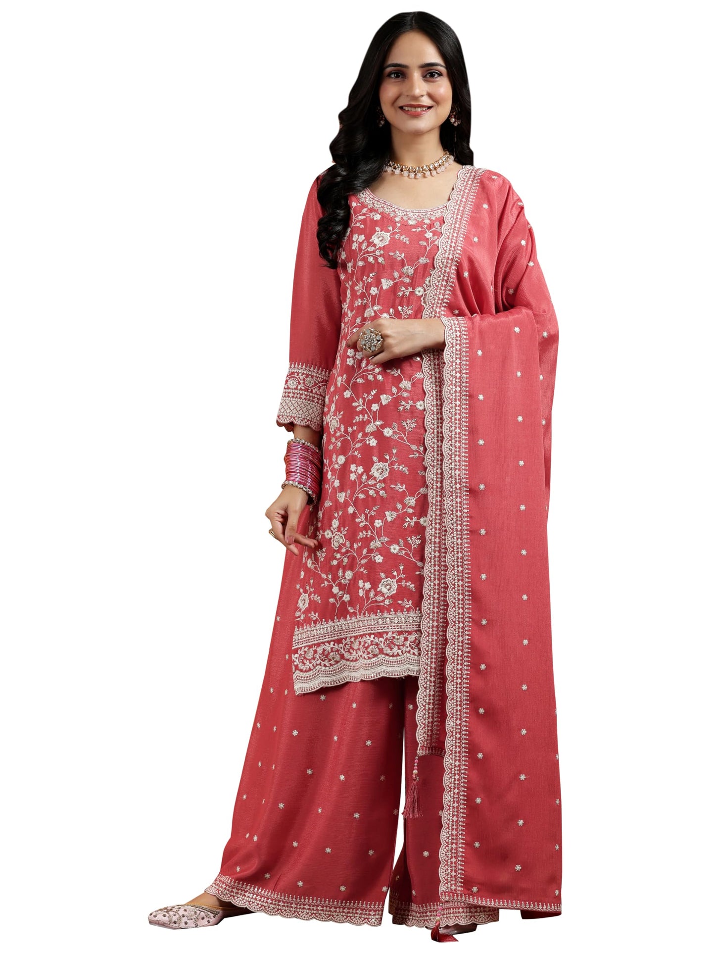 Libas Coral Embroidered Silk Blend Straight Kurta With Palazzos & Dupatta